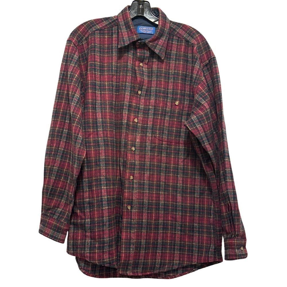 EUC Pendleton VTG Wool Trail Shirt in Red Green Plaid Elbow Patches